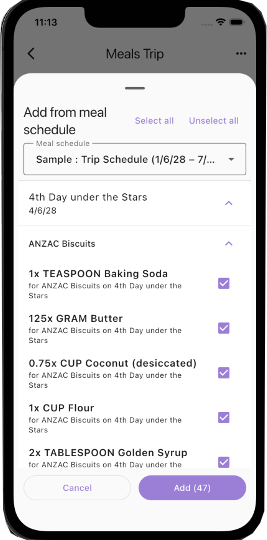Add from meal schedule to trip packing list